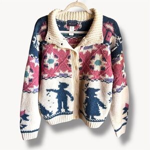 VTG Woolrich Sweater Womens Medium Wool Boy Girl Heart Chicken Cardigan Cottage
